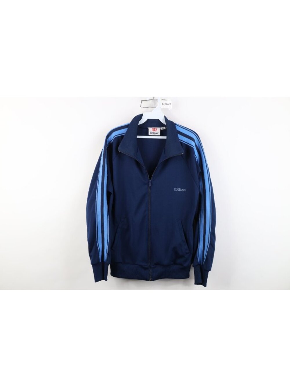 Vintage 70s 80s Wilson Mens Medium Striped Knit Tennis Track Jacket Navy Blue
